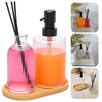 Kit Lavabo Banheiro Luxo Difusor Aromatizador De Ambiente Com Bandeja E Sabonete Líquido Cor Preto