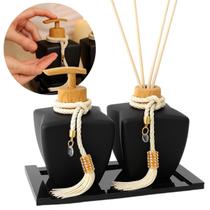 Kit Lavabo Banheiro Luxo Moderno Vidro Preto 250ml C/ Bandeja Aromatizador e Porta Sabonete