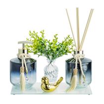 Kit Lavabo Banheiro Luxo Porta Sabonete Aromatizador Vidro Rubi Saboneteira C/ Bandeja - Cores