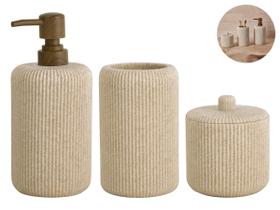 Kit Lavabo Banheiro Poliresina Bege Decorativo Dispenser Sabonete Copo Escovas Pote Canelado Arenoso Kit Lavabo Banheiro Poliresina Bege Decorativo Dispenser Sabonete Copo Escovas Pote Canelado Arenoso