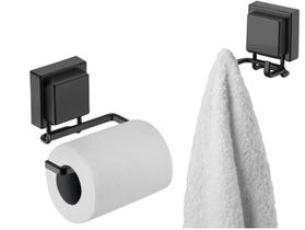 kit lavabo banheiro preto fosco ventosa 02 peças Future porta papel higiênico e gancho duplo