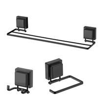 kit lavabo banheiro preto fosco ventosa 03 peças Future Porta toalha duplo, papeleira, cabide