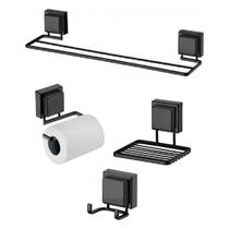 kit lavabo banheiro preto fosco ventosa 04 peças Future toalheiro, papeleira, cabide, saboneteira