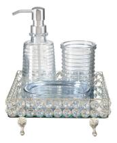 Kit Lavabo Banheiro Saboneteira Líquida Bandeja Cristal Luxo