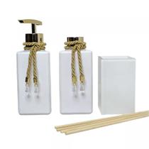 Kit lavabo branco brilho 3 peças porta escova 250ml