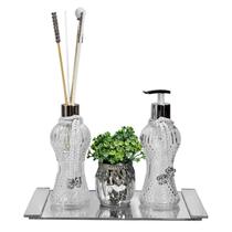 Kit Lavabo Cintura Vidro Sabonete Difusor 230ml Bandeja Luxo