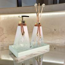 Kit Lavabo Completo Branco Com Bandeja Vidro Super Luxo Difusor Banheiro Aroma Presente Casamento