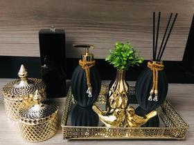 Kit Lavabo Completo Preto Gold Aroma Sabonete Porta Escovas