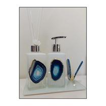 Kit Lavabo Decoração Exclusiva Pedras Naturais Ágata Banhada Ouro Difusor Saboneteira com Bandeja