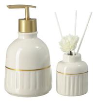 Kit Lavabo Difusor Banheiro Porcelana Dispenser Líquido Luxo