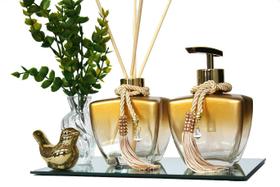 Kit Lavabo Difusor e Saboneteira Com Bandeja Espelhada Luxo Vidro Degrade Dourado