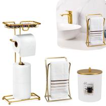 Kit Lavabo Dourado Luxo Gold Lixeira Papeleira Porta Toalha