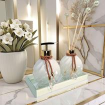 Kit Lavabo Espiral Branco Decoração Dourado Com Bandeja Completo De Vidro Premium Presente Kit Lavabo Espiral Branco Decoração Dourado Com Bandeja Completo De Vidro Premium Presente