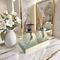 Kit Lavabo Espiral Branco Decoração Prata Com Bandeja Completo De Vidro Premium Presente