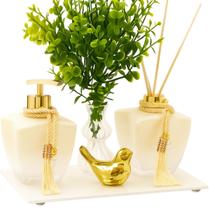 Kit Lavabo Estrela Degrade Branco Banheiro Luxo Bandeja Branca Difusor E Saboneteira