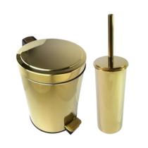 Kit Lavabo Inox Dourado Lixeira 5L e Suporte com Escova Fineza