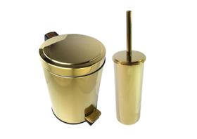 Kit Lavabo Inox Dourado Lixeira 5L E Suporte Escova Fineza