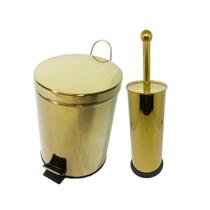 Kit Lavabo Inox Dourado Lixeira pedal 3L e Escova Sanitaria France Fineza