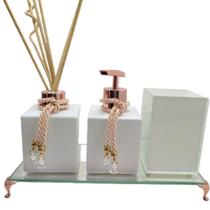 Kit Lavabo Jogo Banheiro Aromatizador Porta Sabonete Líquido Porta Escova Pincel Maquiagem Make Bandeja Decorativa Organizadores Branco e Rosê Gold