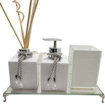 Kit Lavabo Jogo Banheiro Porta Sabonete Dispenser Aromatizador Bandeja Espelhada-Organizadores Banheiro-Decoração Casa-Branco e Prata
