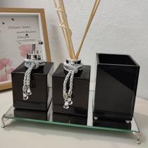 Kit Lavabo Jogo Banheiro-Porta Sabonete Líquido Aromatizador Porta Escova Pincel Maquiagem Difusor Bandeja Decorativa Organizadores-Preto e Prata Kit Lavabo Jogo Banheiro-Porta Sabonete Líquido Aromatizador Porta Escova Pincel Maquiagem Difusor Bandeja Decorativa Organizadores-Preto e Prata