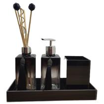 Kit Lavabo Jogo para Banheiro Porta Sabonete Líquido Difusor Porta Escova Pincel Maquiagem Bandeja Decorativa-Organizadores- Preto e Prata