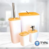 Kit Lavabo Lixeiro Saboneteira Dispenser e Porta Escova de Dente e Sanitário com Bambu