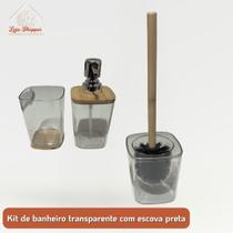 Kit Lavabo Luxo Bambu Pç Dispenser Sabonete Copo Escova Sanitária Suporte Fumê Transparente Natal