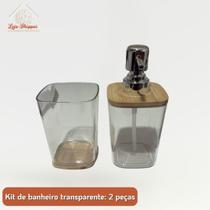Kit Lavabo Luxo Bambu Pç Dispenser Sabonete Copo Escova Sanitária Suporte Fumê Transparente Natal