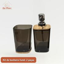 Kit Lavabo Luxo Bambu Pç Dispenser Sabonete Copo Escova Sanitária Suporte Fumê Transparente Natal