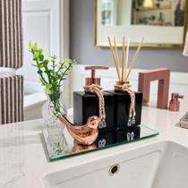 Kit Lavabo Luxo Banheiro Com Bandeja Espelhada Difusor e Saboneteira Cubo Preto Rosé