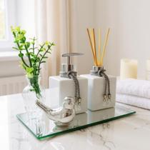 Kit Lavabo Luxo Banheiro Saboneteira e Difusor Com Bandeja - Vidro Cubo Branco Prata Kit Lavabo Luxo Banheiro Saboneteira e Difusor Com Bandeja - Vidro Cubo Branco Prata