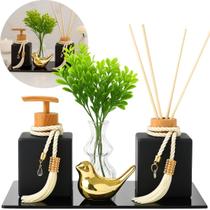 Kit Lavabo Luxo Completo Vidro preto C/ Difusor Vasinho E Saboneteira