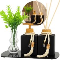 Kit Lavabo Luxo Cubo Preto Fosco 250ml C/ Bandeja Saboneteira Difusor E Vaso