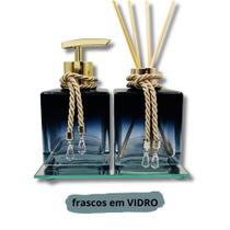 Kit Lavabo Luxo Difusor de Ambiente e Saboneteira Com Mini Bandeja Espelhada - Cubo Preto Azulado