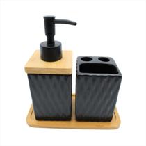 Kit Lavabo Luxo Porta Escova de Dentes Sabonete Liquido Bandeja de Bambu Porcelana Quadrado Kit Lavabo Luxo Porta Escova de Dentes Sabonete Liquido Bandeja de Bambu Porcelana Quadrado