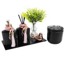 Kit Lavabo Luxo Preto Sabonete Difusor C/ Bandeja e Porta Algodão