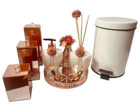 Kit Lavabo Luxo Rose Gold Difusor Sabonete Lixeira Escovas