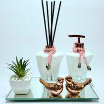 Kit Lavabo Luxo suculenta, Difusor, Saboneteira, Bandeja Espelhada