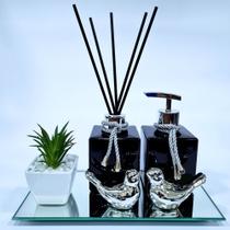 Kit Lavabo Luxo suculenta, Difusor, Saboneteira, Bandeja Espelhada