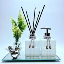 Kit Lavabo Luxo vasinho cristal, Saboneteira, difusor, bandeja espelhada e acessórios