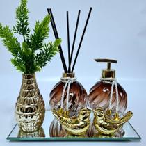 Kit Lavabo Luxo Vasinho Espelhado, Difusor, Saboneteira, Espiral