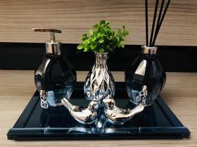 Kit Lavabo Pia Jogo Saboneteira Azul Espelho Vidro Vasinho Kit Lavabo Pia Jogo Saboneteira Azul Espelho Vidro Vasinho