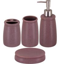 Kit Lavabo Porta Sabonete Banheiro Cerâmica Rosa com 4 Peças