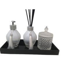 Kit Lavabo Porta Sabonete Líquido Difusor Porta Algodão Cotonete Bandeja Decorativa-Jogo Banheiro-Organizadores-Decoração Casa-Branco e Preto