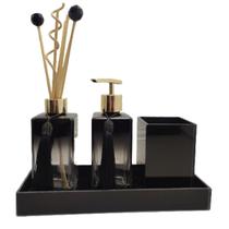 Kit Lavabo Porta Sabonete Líquido Difusor Porta Escova PIncel Maquiagem Bandeja Decorativa-Organizadores Jogo Banheiro-Preto e Dourado