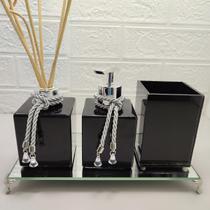 Kit Lavabo Porta Sabonete Líquido Porta Escova Aromatizador Bandeja Espelhada Decorativa Jogo Para Banheiro Dispenser Saboneteira-Preto e Prata Kit Lavabo Porta Sabonete Líquido Porta Escova Aromatizador Bandeja Espelhada Decorativa Jogo Para Banheiro Dispenser Saboneteira-Preto e Prata