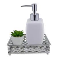 Kit Lavabo Prata Luxo 3 Peças Bandeja Espelhada, Saboneteira Porcelana e Vaso Suculenta - Mundial