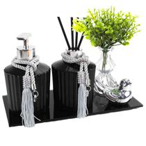 Kit Lavabo Preto Brilhante 250ml Sabonete E Difusor C/ Bandeja