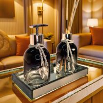 Kit Lavabo Preto Decoração Bandeja Completo De Vidro Luxo Difusor Saboneteira Banheiro Premium